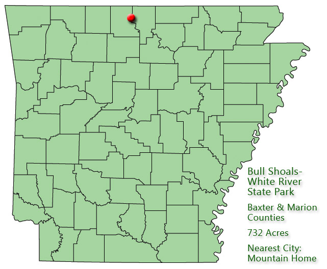 map outlining Arkansas counties with red pin near northern boundary