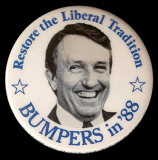 White campaign button with white man laughing and blue text saying "Restore the liberal tradition Bumpers in eighty eight"