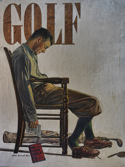 White man sleeping in wooden chair with golf bag laying beside him on cover of "Golf" magazine