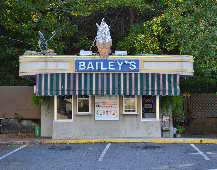 "Bailey's" ice cream stand on parking lot