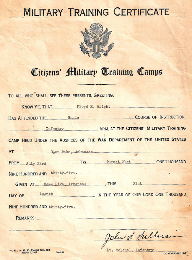 Military Training Certificate for "Floyd H. Wright"