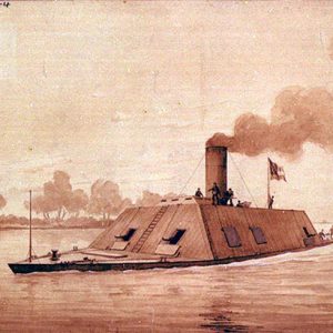 Ironclad boat on the water, smoke emerging from its central smokestack, trees lining the river shore in background