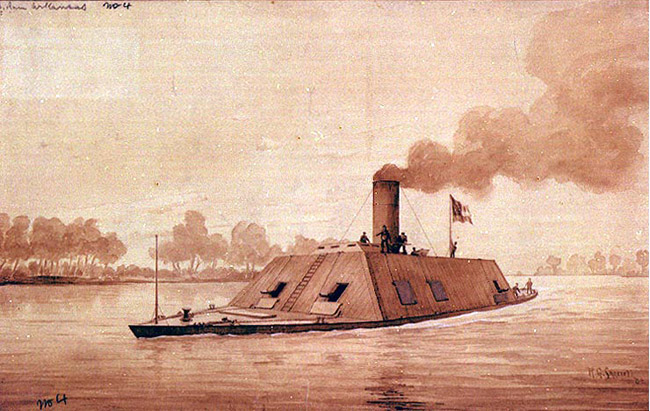 Ironclad boat on the water, smoke emerging from its central smokestack, trees lining the river shore in background