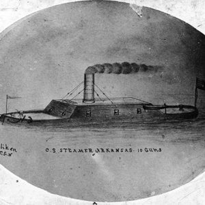 Illustration of ironclad boat at sea labeled "C.S. steamer Arkansas 10 guns"