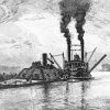Illustration of ironclad boat parked at dock with steamboat