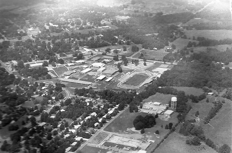School and town buildings seen from above