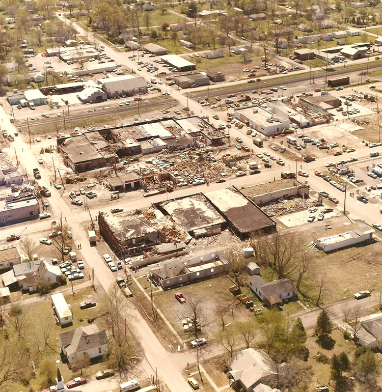 Damaged buildings and houses as seen from above