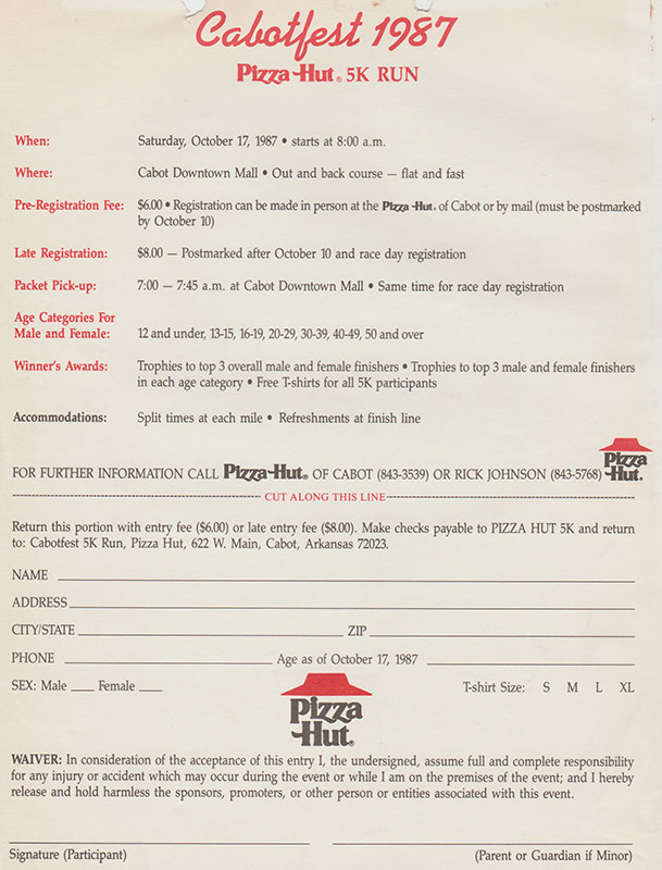 "Cabotfest 1987 Pizza Hut 5k Run" black entrance form