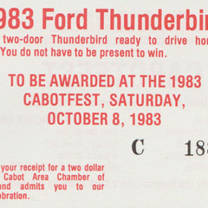 Black raffle ticket for a "1983 Ford Thunderbird" with red text