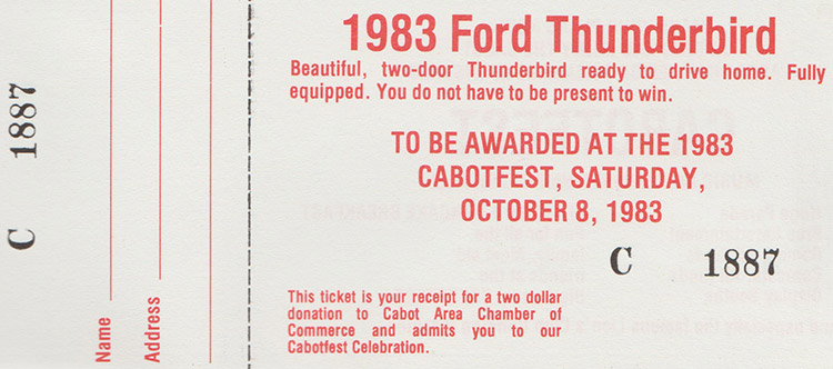Black raffle ticket for a "1983 Ford Thunderbird" with red text