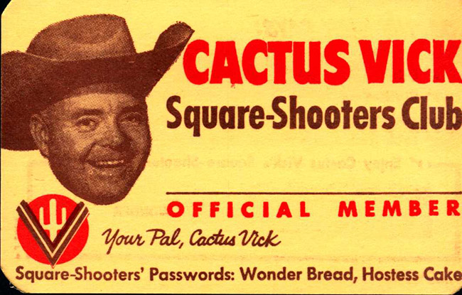 White man with cowboy hat on blank "Cactus Vick Square-Shooters Club" card