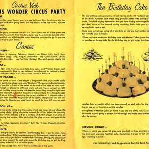 "Cactus Vick Famous Wonder Circus Party" pamphlet with illustration of a birthday cake and text on yellow paper