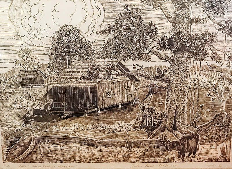 Single-story houses with animals and trees