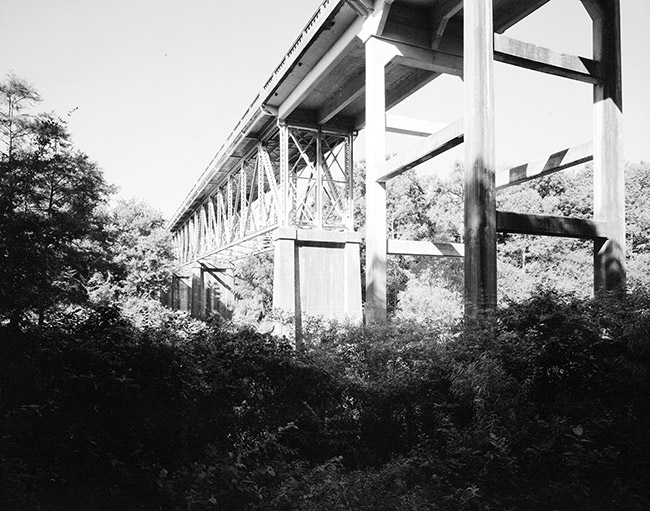 Underside of concrete bridge with steel trusses