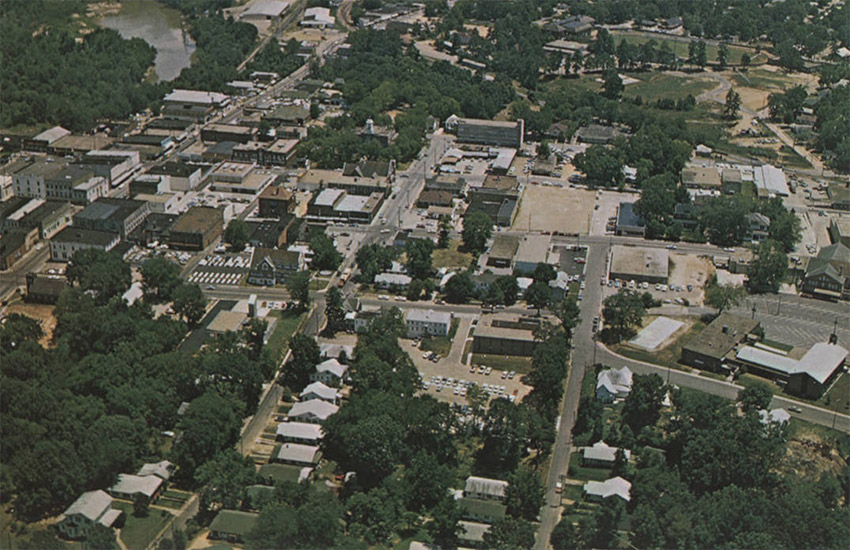 View of town buildings and streets as seen from above