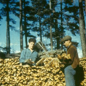 Young white men stacking wood outside