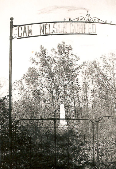 Locked cemetery gates with monument visible among the trees