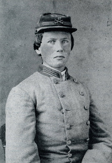 Young white man in gray military uniform