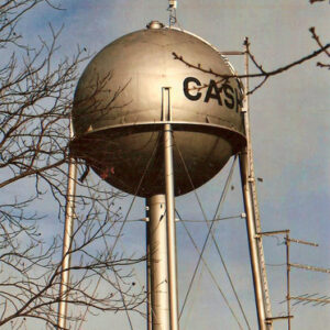 Spherical water tower with "Cash" written on it