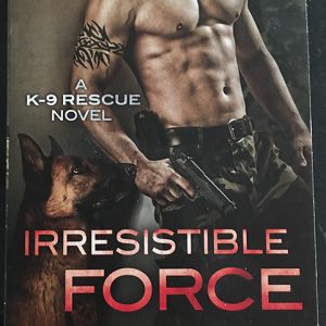 Shirtless young man in camouflage pants with pistol and German Shepherd dog with text on book cover