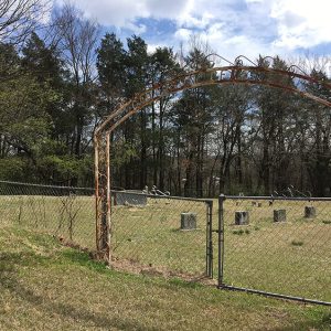Rows of gravestones behind metal arch and cemetery chain link fence