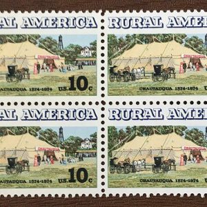 10 cent postage stamp with words "Rural America" and "Chautauqua" and image of tents.