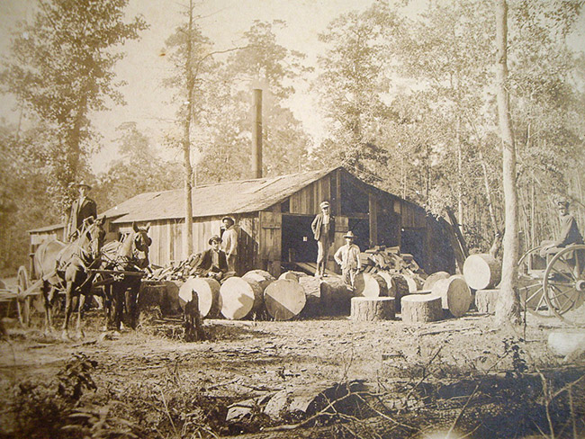 White men posing with and one standing on tree sections at lumber mill with horse drawn cart in the left hand corner