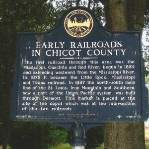 "Early Railroads in Chicot County" historical marker sign under tree