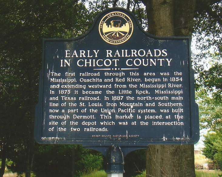 "Early Railroads in Chicot County" historical marker sign under tree