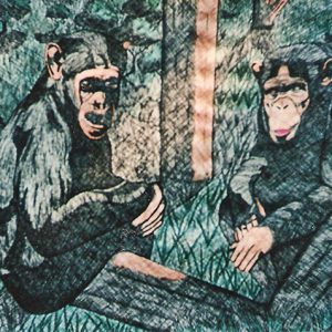 painting of two chimpanzees sitting in a tree