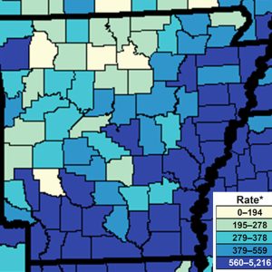 Blue purple and white map of Arkansas with key