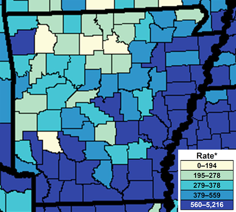 Blue purple and white map of Arkansas with key