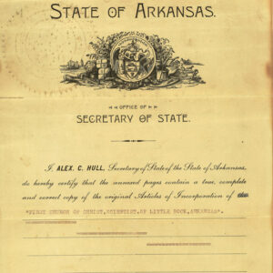 yellow church incorporation document signed by Arkansas Secretary of State Alex C. Hull