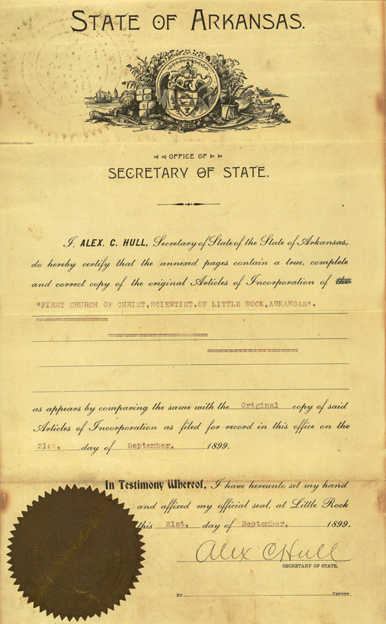 yellow church incorporation document signed by Arkansas Secretary of State Alex C. Hull