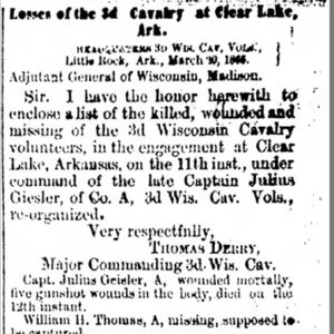 "Losses of the Third Cavalry at Clear Lake Arkansas" newspaper clipping