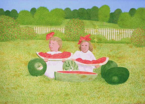 painting two white girls in field matching white outfits red hair ribbons eating large watermelon slices