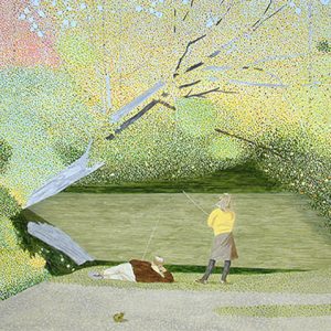 Painting white man reclining white woman fishing on river bank with overhanging tree stippled leaves