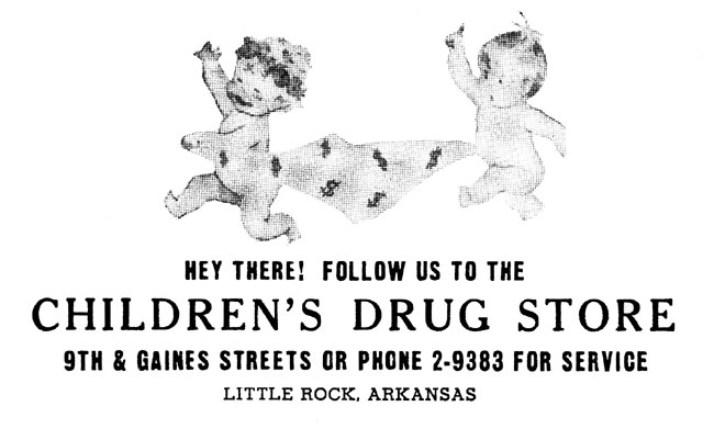 White babies and dollar signs with "Hey There! Follow us to the Children's Drug Store" written below them