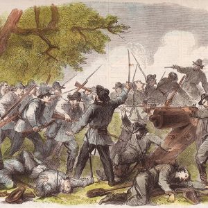 White soldiers in blue and gray uniforms fighting with cannon