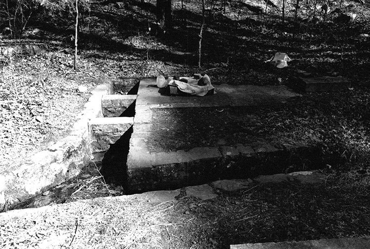 Spring well with brick walls in forested area