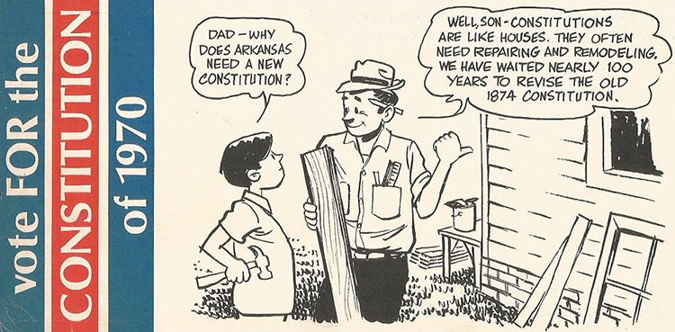 Cartoon of white man talking to his son outside house with text bubbles on campaign flyer