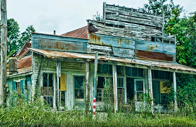 Overgrown and abandoned storefront with covered porch