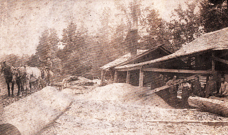 White men working at sawmill with white man on horse drawn wagon