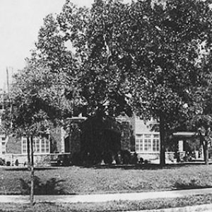 Panorama view of wood and brick house on street corner with trees