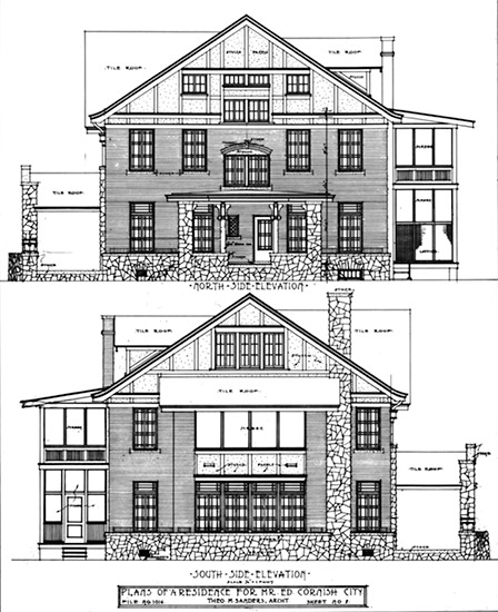 Architectural plans of three-story house exterior