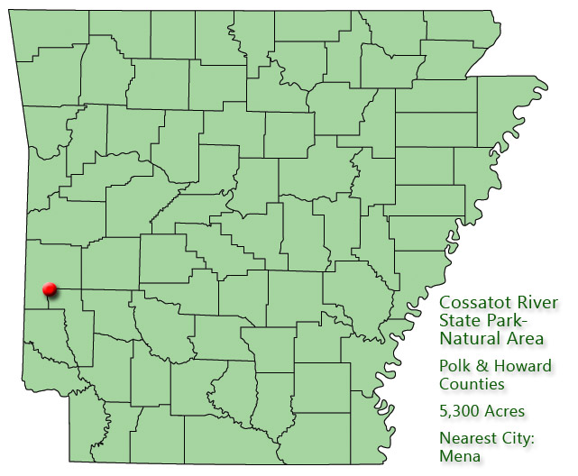 map outlining Arkansas counties with red pin near southwest boundary