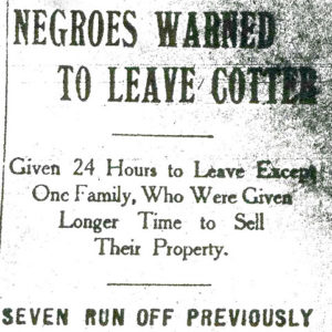 "Negroes warned to leave Cotter" newspaper clipping