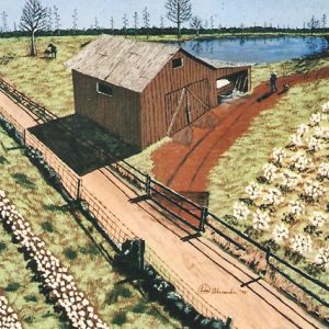 Painting of farmer on dirt road with barn and rows of cotton with trees and pond in the background