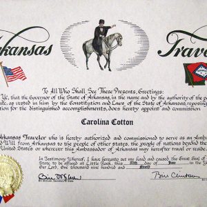 drawing of man in dark clothes on white horse on "Arkansas Traveler" certificate with American flag