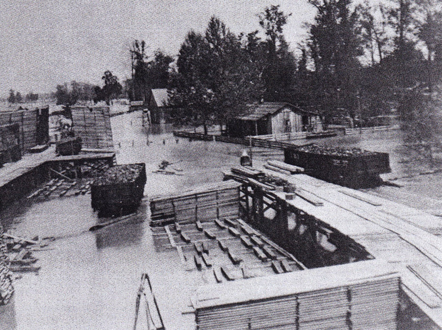 Lumber yard with stacks of lumber raised wooden platforms carts filled with wood and outbuildings